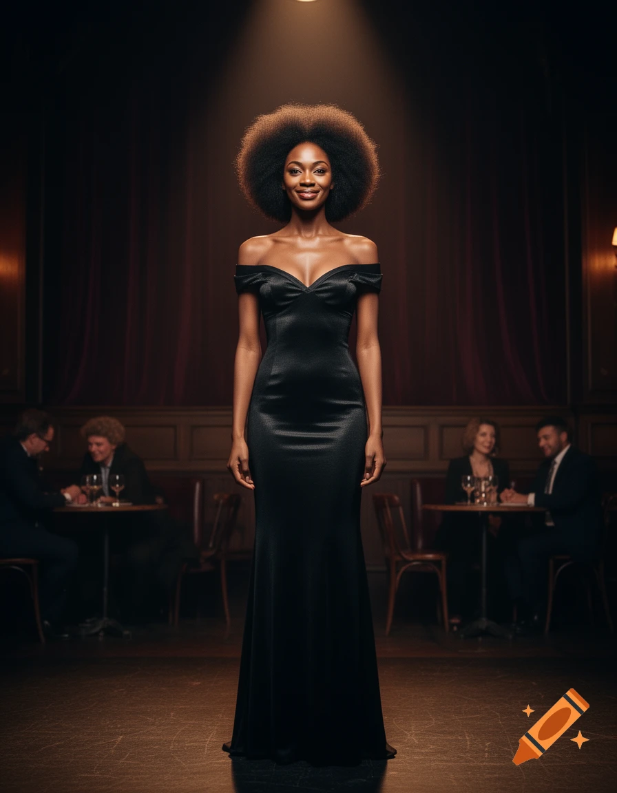 A smiling Black woman with an afro in a black off-the-shoulder gown stands under a spotlight on a stage.