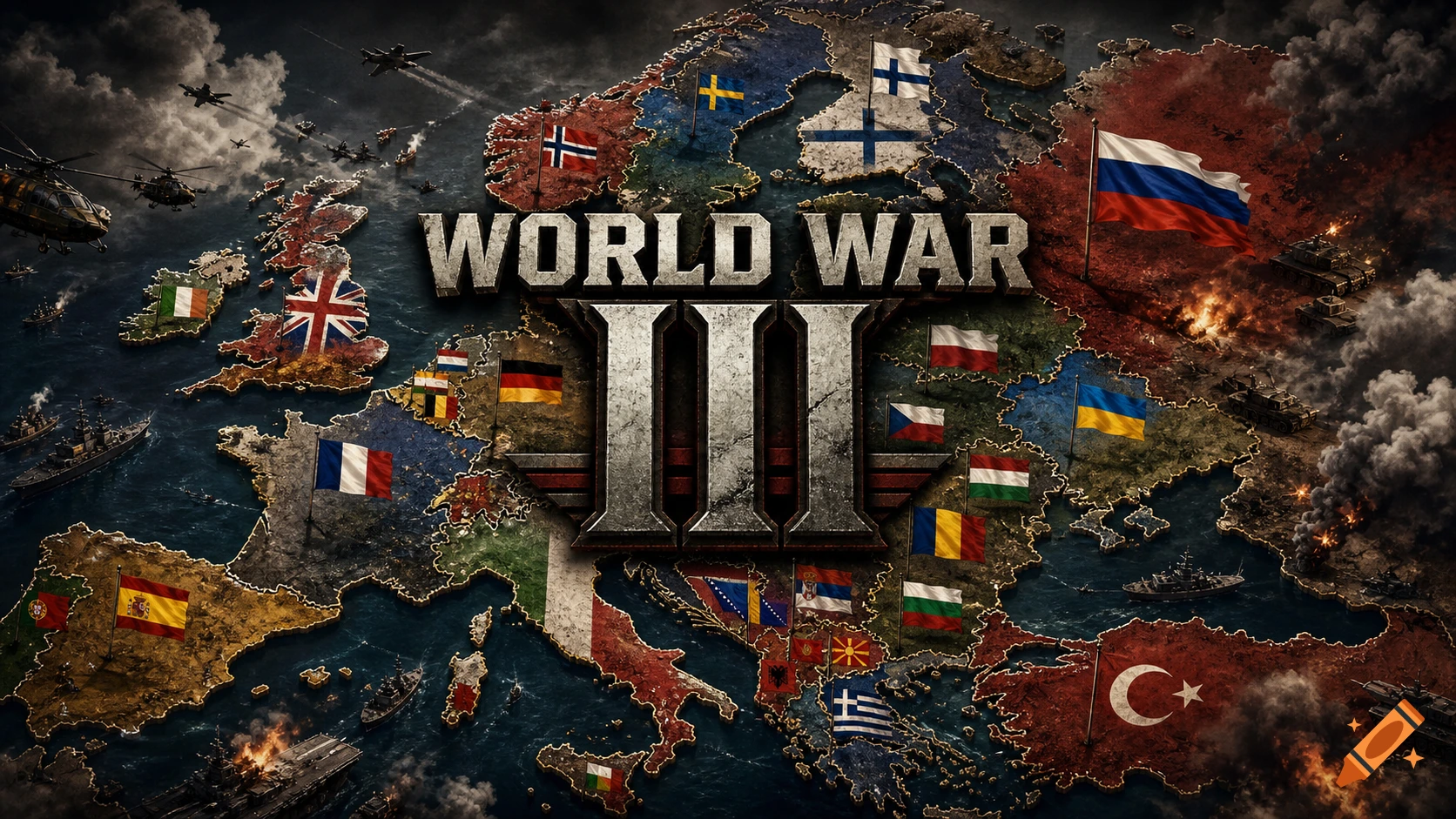 A detailed, distressed map of Europe with country flags, military units, smoke, and fire, featuring the text 'WORLD WAR III'.