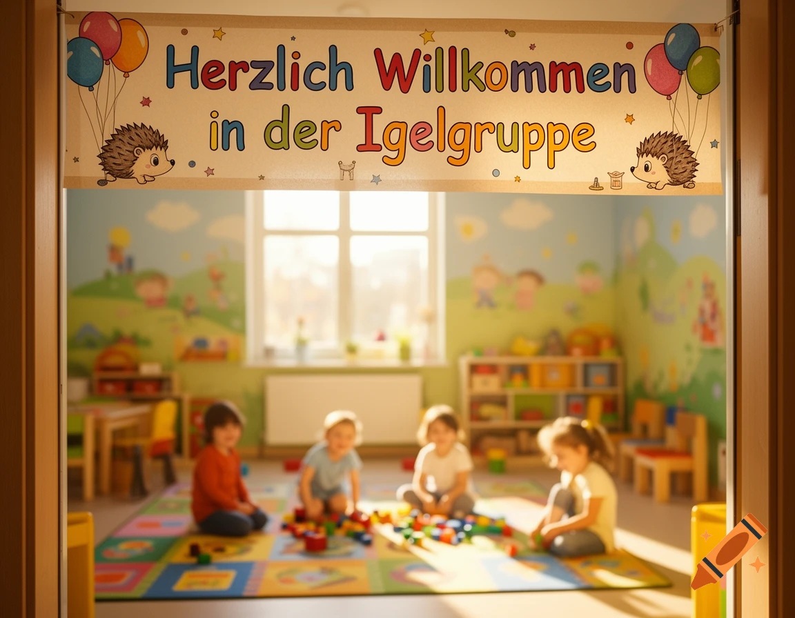 A "Herzlich Willkommen in der Igelgruppe" banner above a sunlit kindergarten classroom where four children play with blocks.