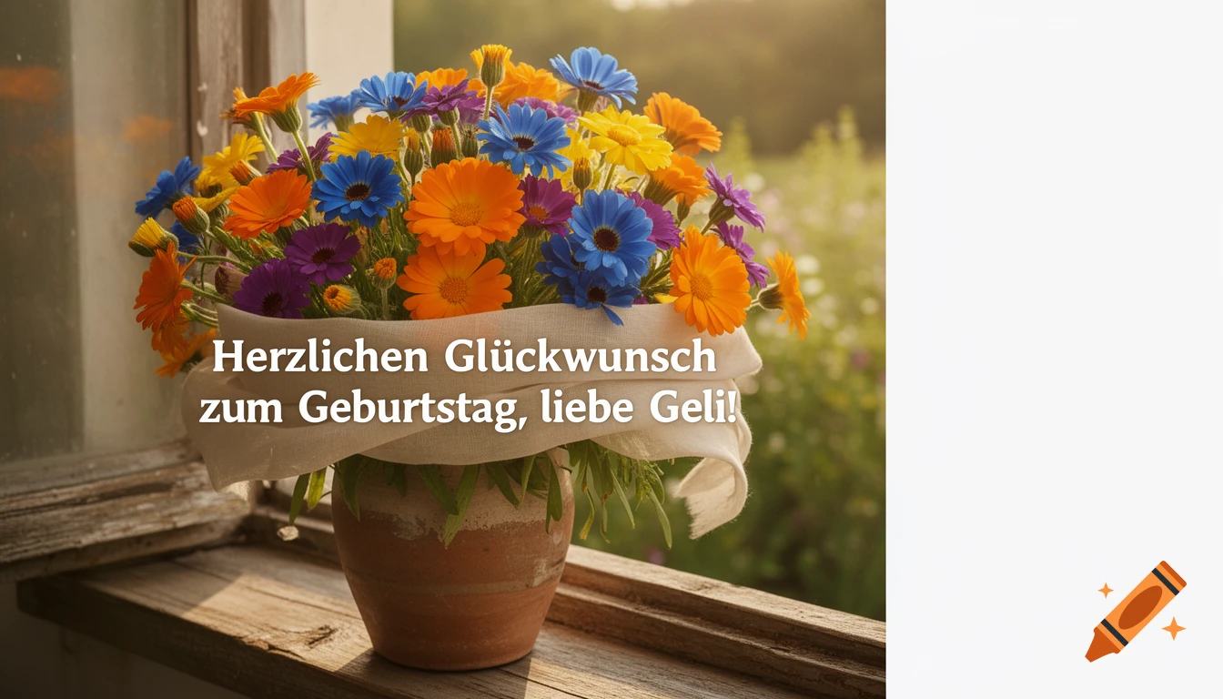 Vibrant bouquet of orange, blue, purple, and yellow calendula flowers in a terracotta pot on a sunny wooden windowsill, with a birthday greeting.