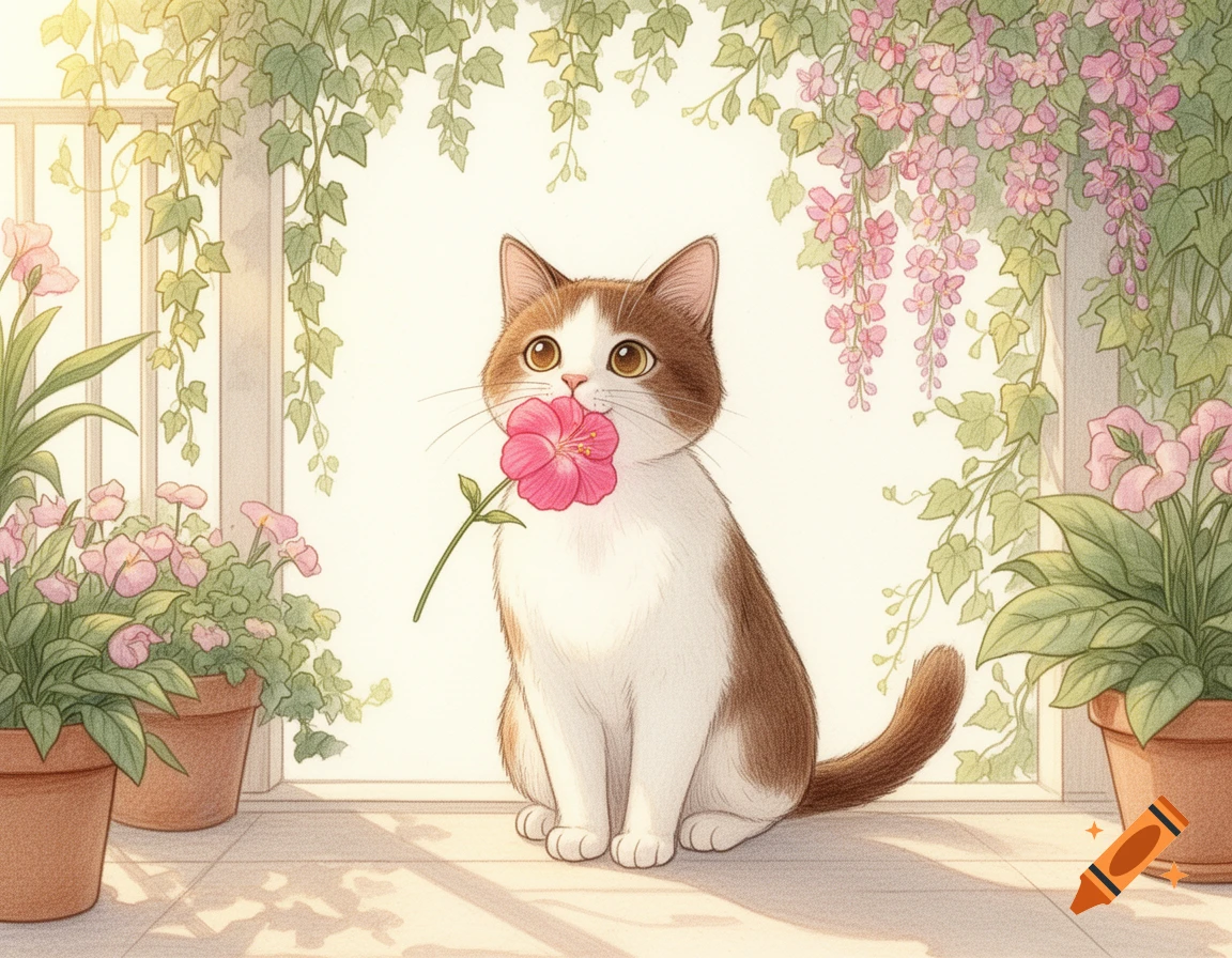 A cute brown and white cat sits on a patio, holding a pink flower in its mouth, surrounded by potted plants and vines in a drawing style.