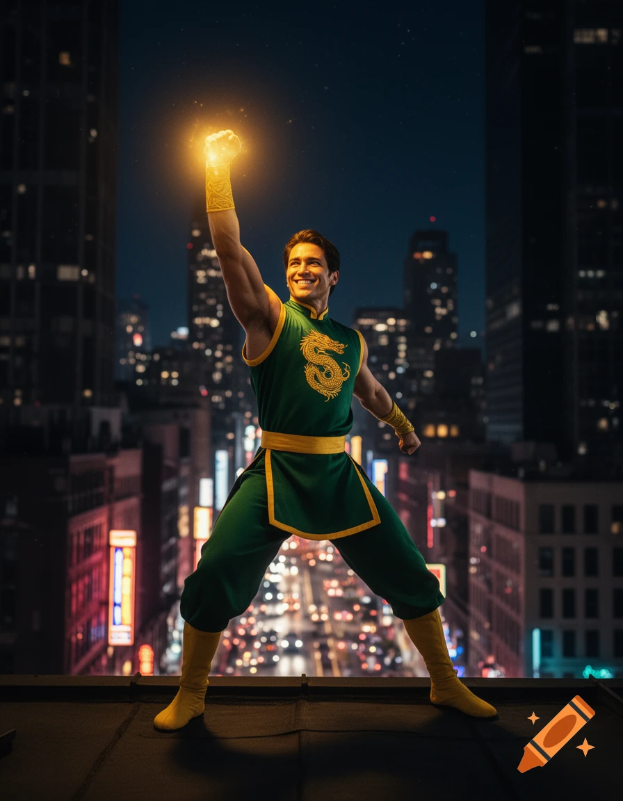 A smiling superhero, Iron Fist, stands on a rooftop at night with a glowing fist, overlooking a city skyline.