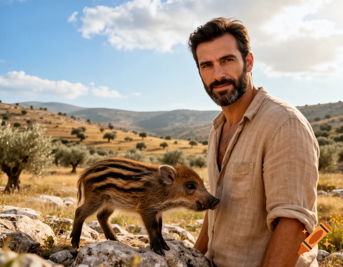 A bearded man in a linen shirt stands beside a small, striped baby wild boar on rocks in a sunny, olive tree-filled landscape.
