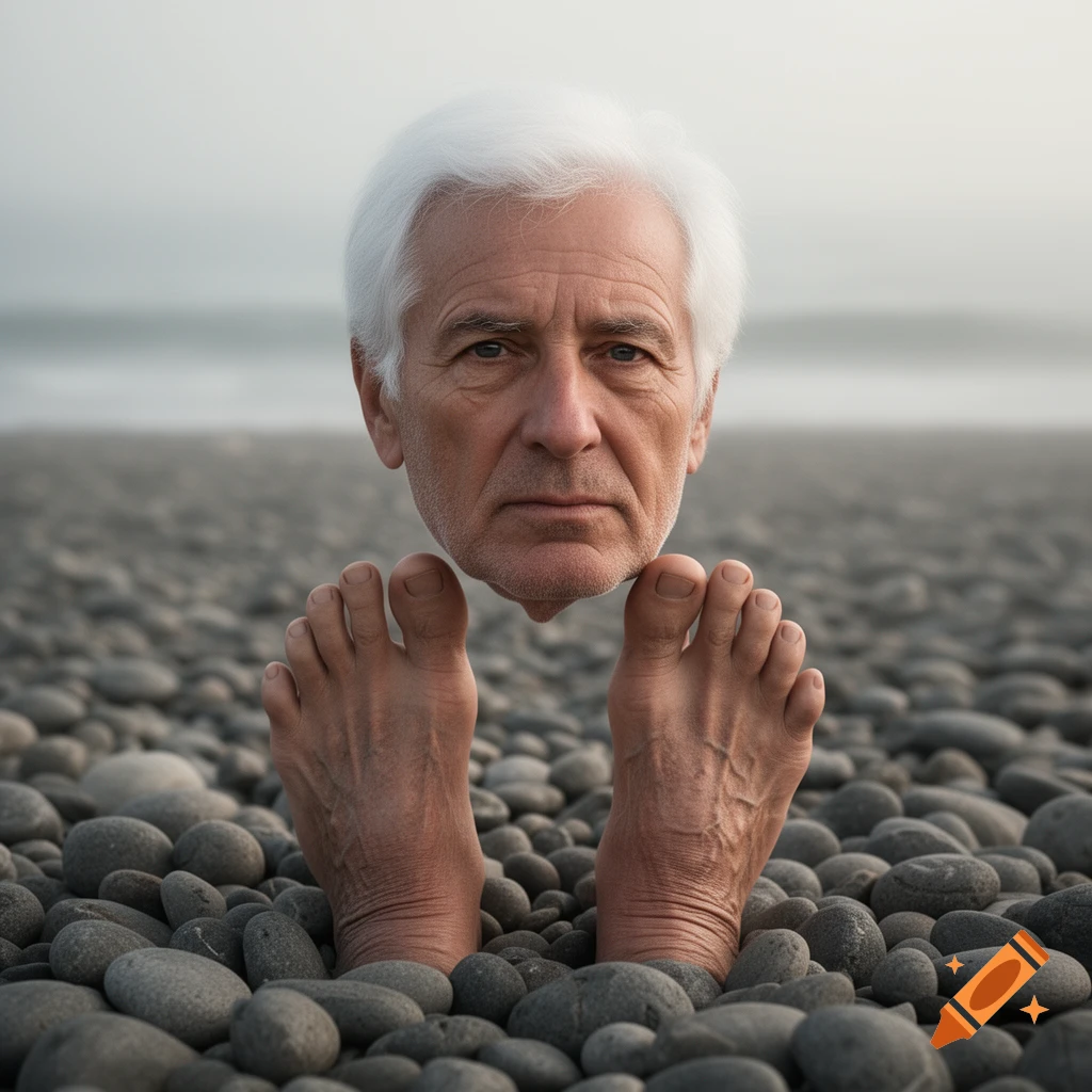 Photorealistic image of a detached elderly man's head floating directly above a pair of bare feet on a pebble beach.