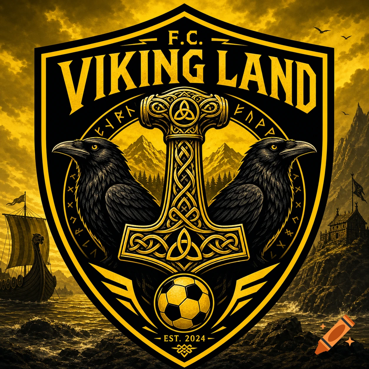 A shield-shaped logo for F.C. Viking Land, featuring a golden Mjolnir, two ravens, a longboat, and a castle in black and gold.