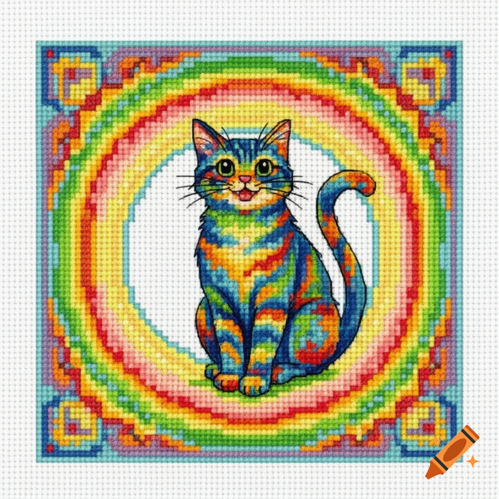 A colorful, rainbow-striped cat in a cross-stitch pattern, sitting inside a rainbow circular border.