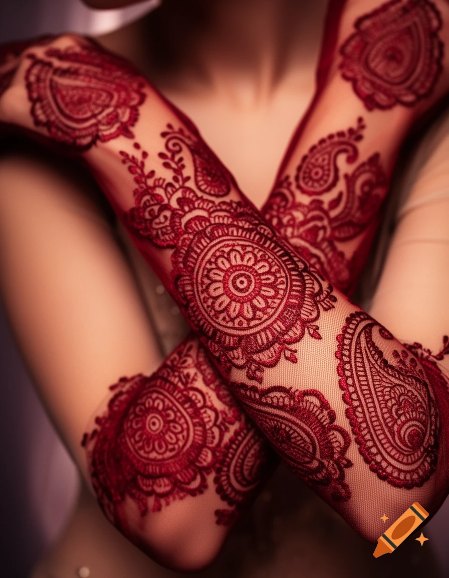 Close-up of arms adorned with sheer gloves intricately embroidered with vibrant red Indian henna patterns, mandalas, and paisley motifs.