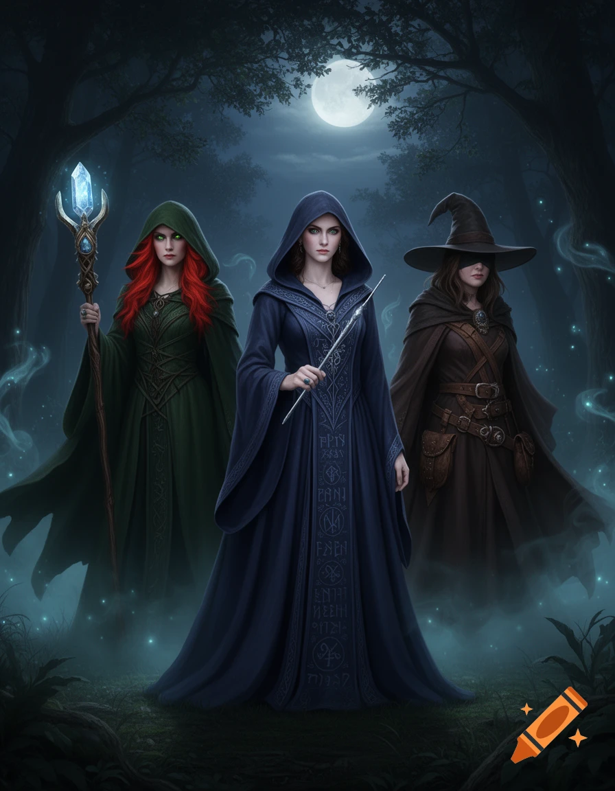 Three female witches or sorceresses in elaborate robes stand in a dark, moonlit forest, with glowing mystical effects around them.