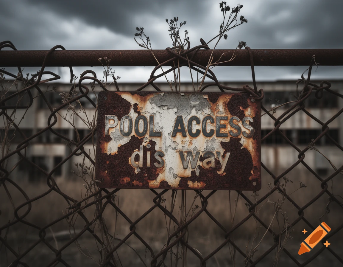 Gritty close-up of a rusted chain-link fence with a weathered 'POOL ACCESS dis way' sign. An abandoned building is blurred in the background.