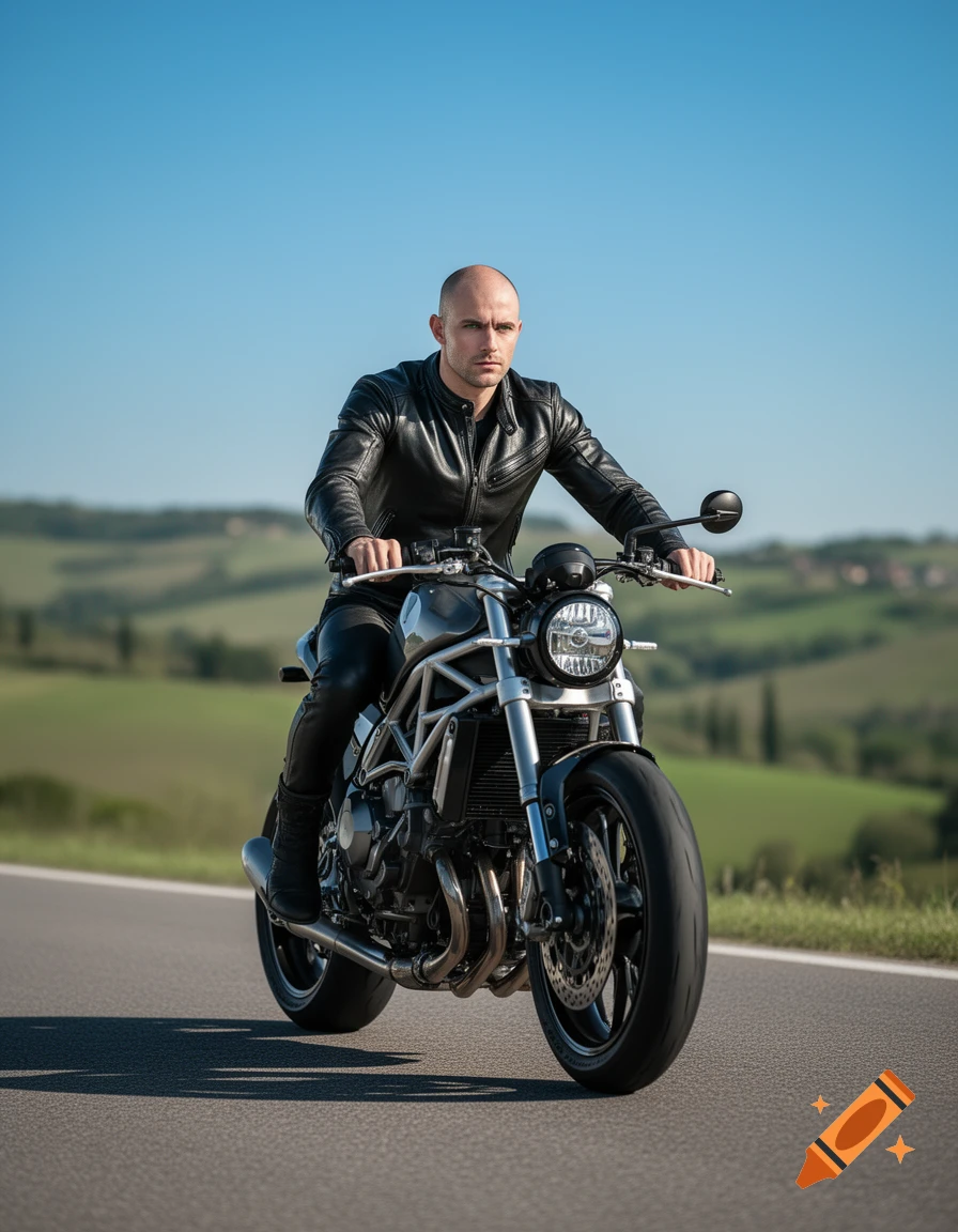 A bald man in a black leather jacket rides a naked motorcycle on a winding road through green hills under a blue sky.