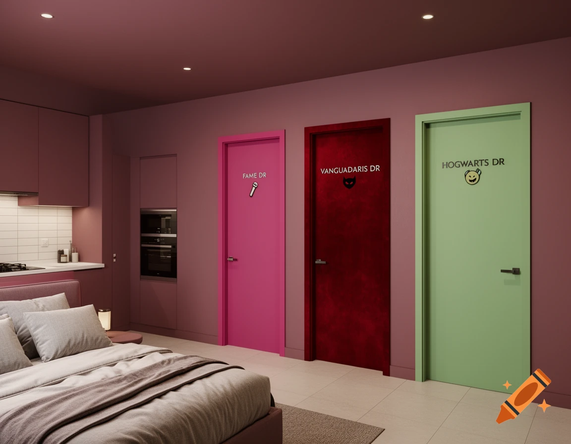 A modern room with a bed and a kitchen area, featuring three colorful doors: a pink door with "FAME DR" and a microphone, a red door with "VANGUARDARIS DR" and a devil symbol, and a green door with "HOGWARTS DR" and a smiling face symbol.