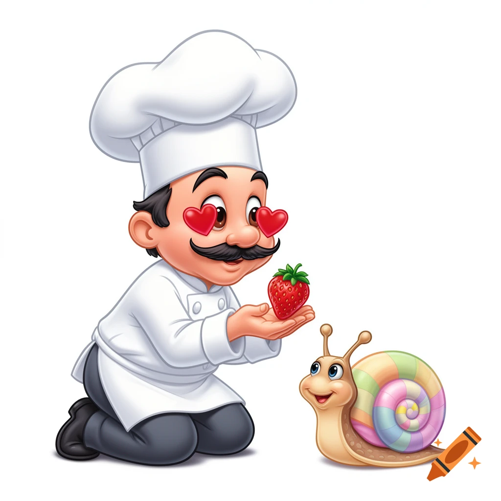 Whimsical 2D cartoon of a chef with heart eyes kneeling, offering a strawberry to a cute snail.