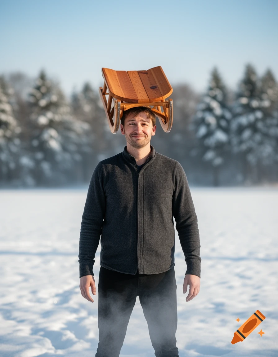 A man with a wooden sled on his head stands in a snowy, sunlit winter landscape.