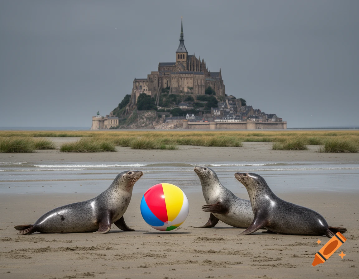 Three seals on a sandy beach looking at a colorful beach ball, with Mont Saint-Michel in the background, photorealistic.