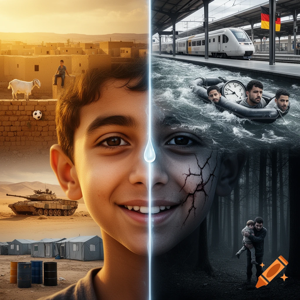 A dramatic surrealistic split portrait of a child. The left side is warm and golden, depicting a village, goat, and refugee camp. The right is dark, showing a cracked face, men in a boat, a train station, and a man carrying a child in a dark forest. A glowing tear flows down the center.
