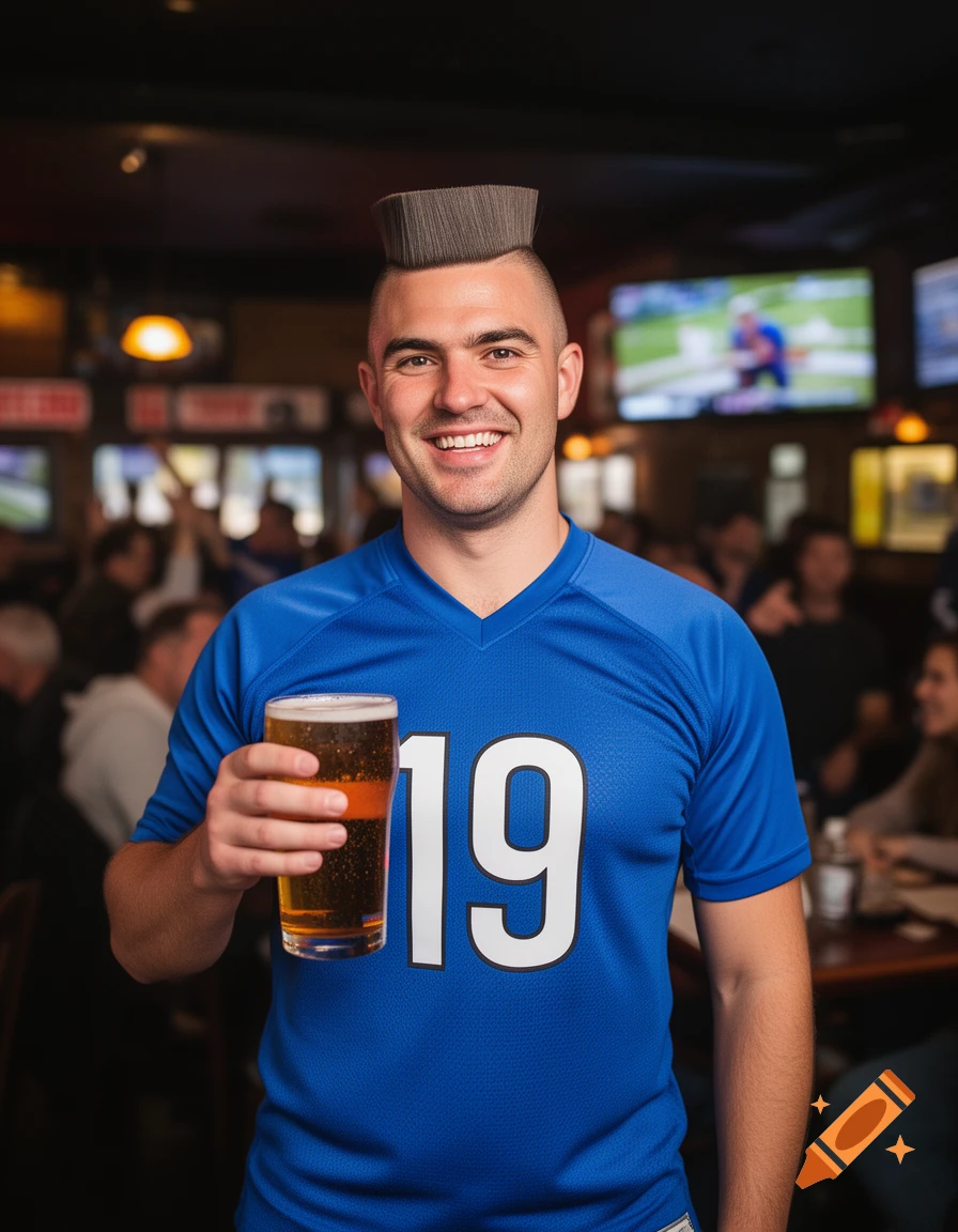 A smiling man with a tall flat top haircut and a blue number 19 jersey holds a beer in a lively bar.