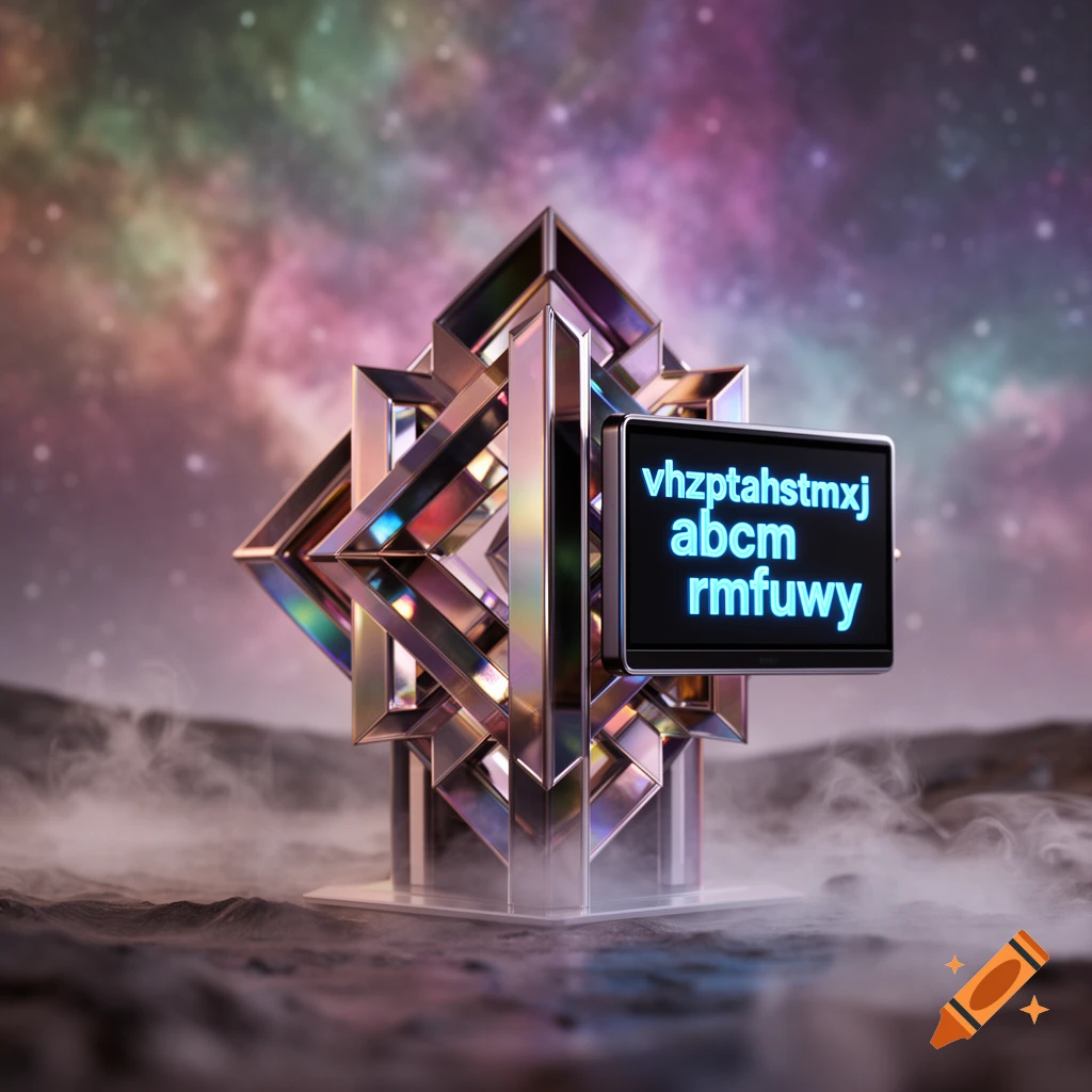 A glowing, iridescent geometric structure with a screen displaying text, set on a dark, smoky ground under a colorful cosmic sky.