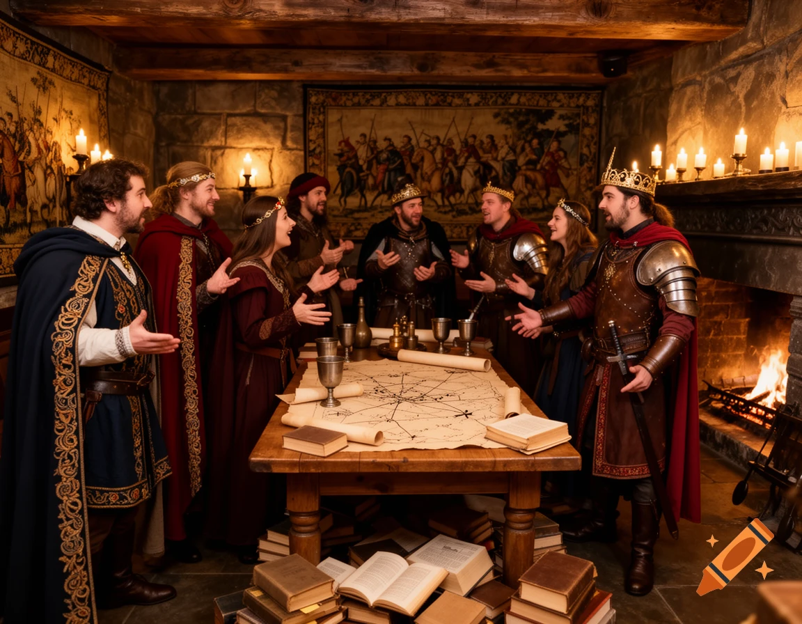 A group of people in medieval fantasy attire, some wearing crowns, gather around a map-strewn table in a torchlit stone room.