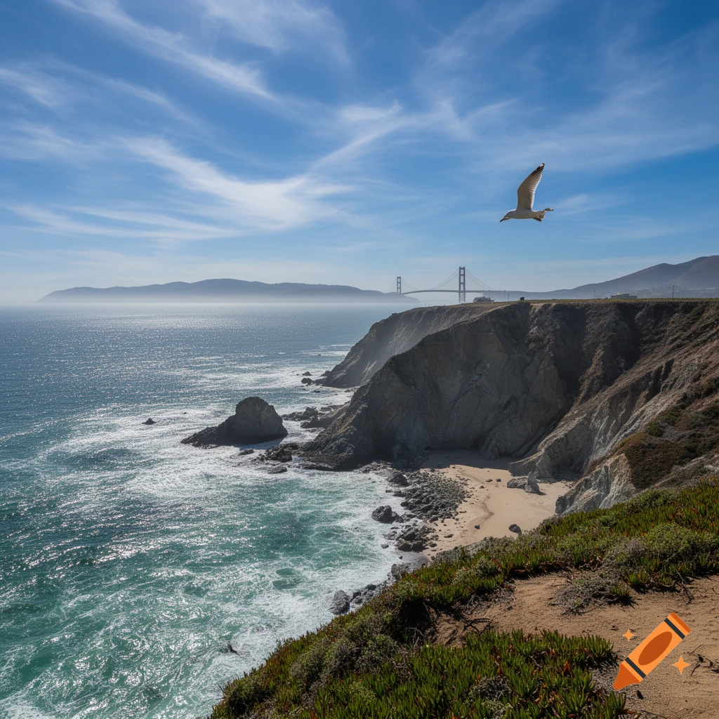 Photorealistic view of a California coastline with cliffs, ocean waves, a sandy beach, a seagull, and a distant bridge under a blue sky.
