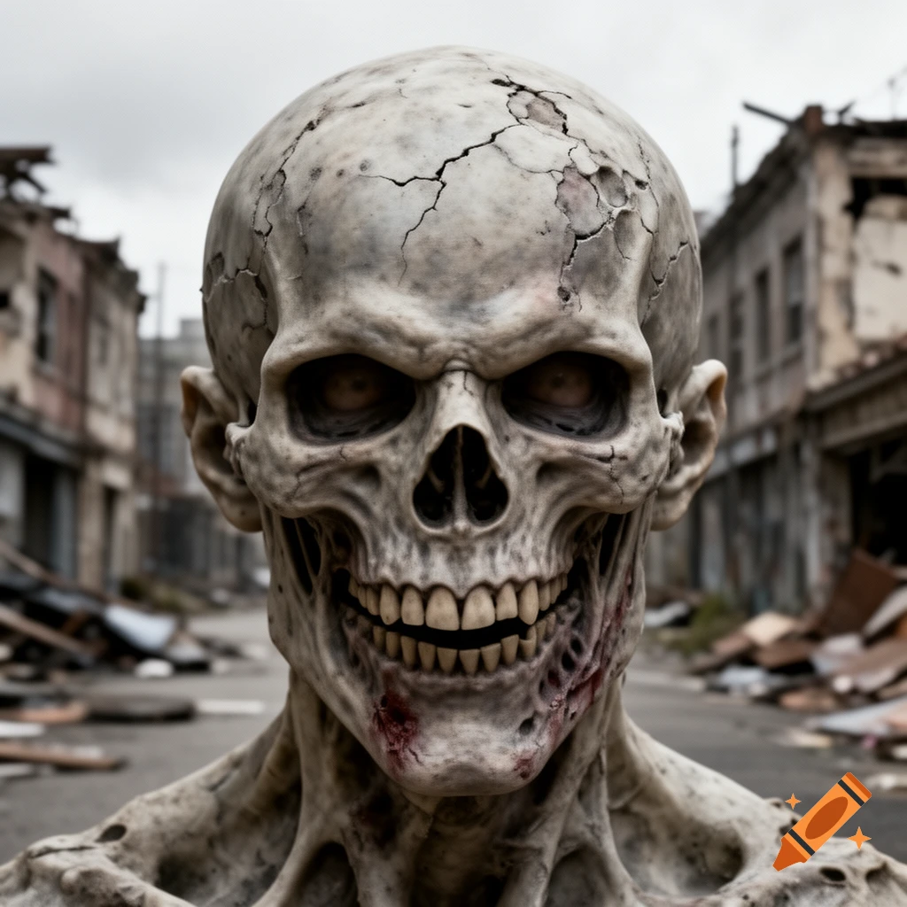 A terrifying photorealistic zombie with a cracked skull and decaying flesh stands in a destroyed city street.