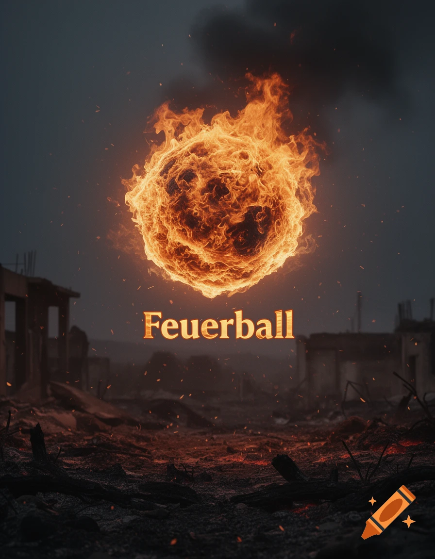 A giant fiery orb glows over a dark, destroyed cityscape, with the word 'Feuerball' beneath it.