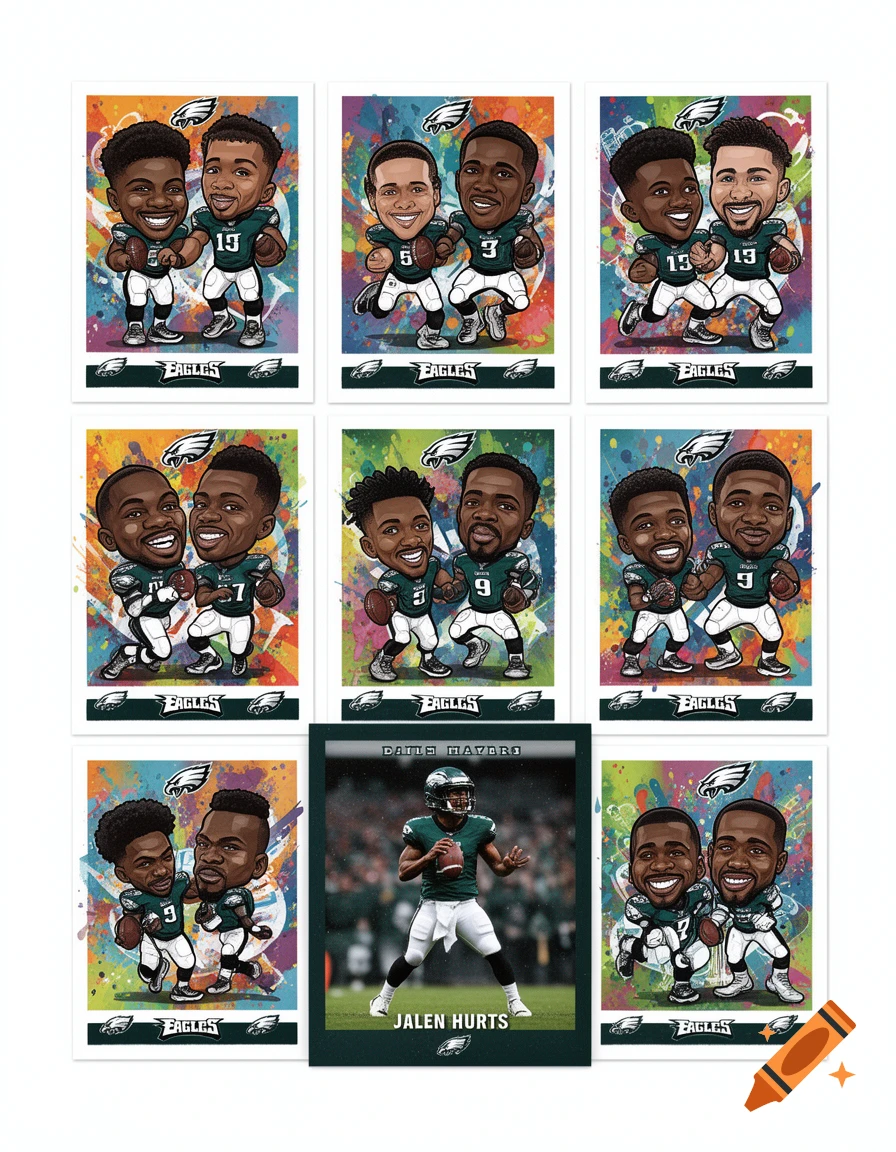 Nine Philadelphia Eagles trading cards, eight in a cartoonish style featuring two players with numbers, and one central card with a photorealistic image of Jalen Hurts.