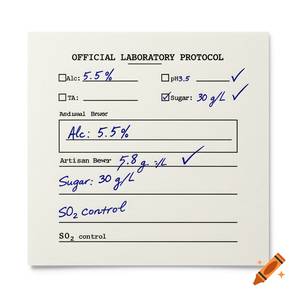 A flat-lay graphic of an off-white paper laboratory protocol sheet with typed black text and handwritten blue ink notes including 'Alc: 5.5%'.