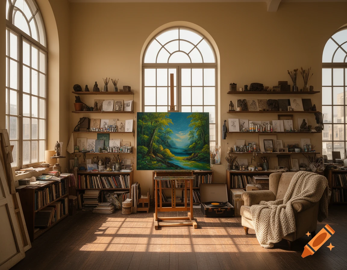 A warm artist's studio with large arched windows, an easel holding a landscape painting, shelves packed with art supplies and books, and a cozy armchair with a blanket, bathed in sunlight.