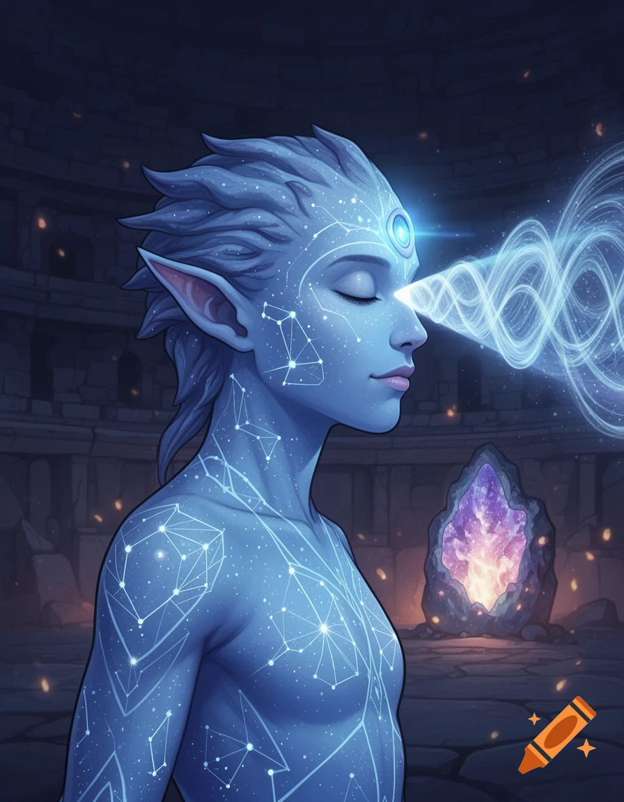 Blue-skinned alien with constellation patterns, meditating with glowing third eye projecting psychic energy in an ancient stone chamber with a luminous crystal.