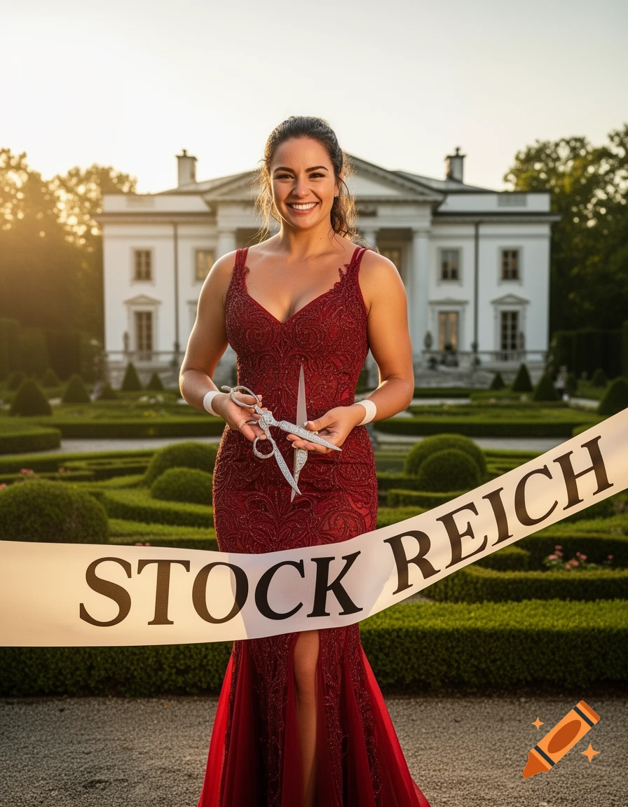 A smiling woman in a red evening gown holds scissors, poised to cut a white ribbon with 'STOCK REICH' written on it, in front of a large mansion and garden at sunset.