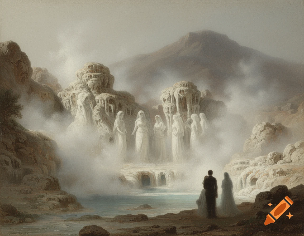 Misty romantic painting of a couple facing shrouded figures near steaming thermal springs and mountains.