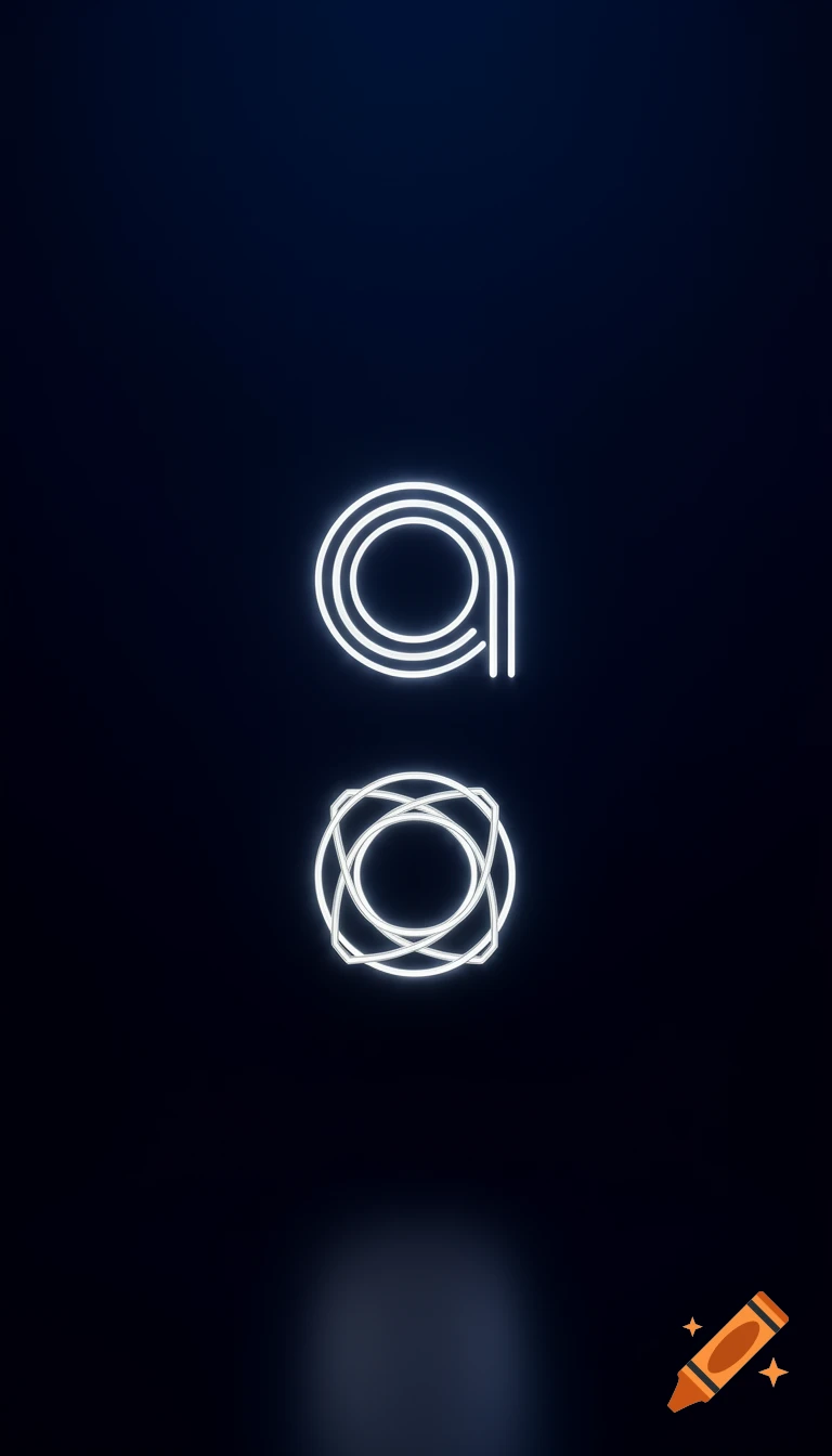Two glowing white geometric symbols, one resembling a stylized 'a' and the other a fused pattern, on a dark blue background.