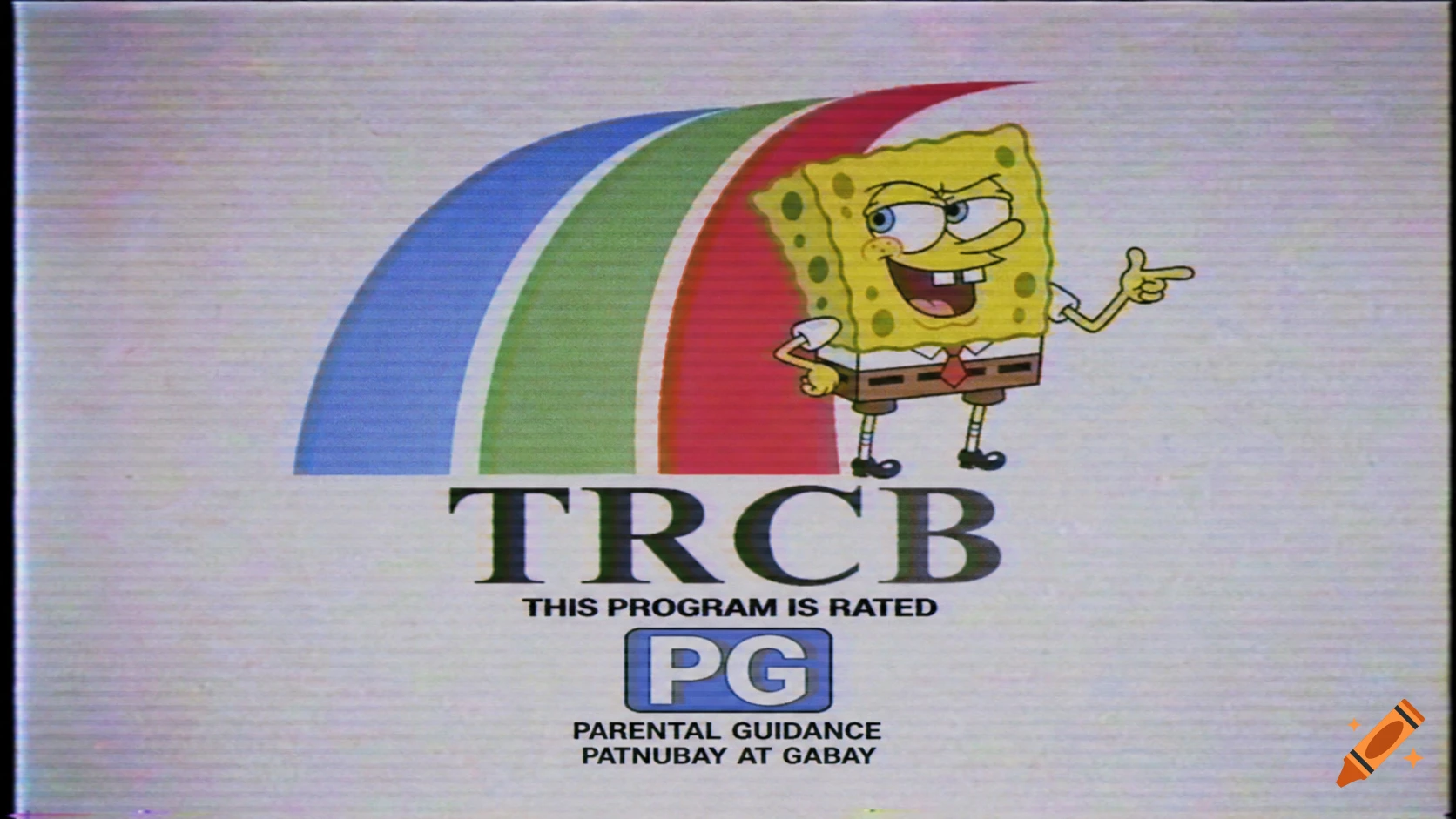 SpongeBob SquarePants standing next to a colorful TRCB logo and PG rating, with a retro VHS effect.