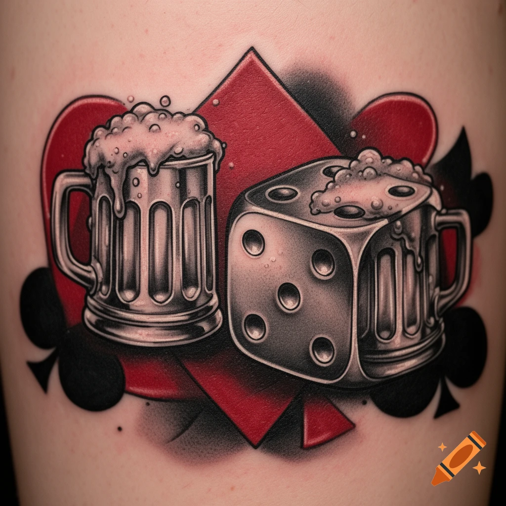 A stylized tattoo featuring a metal beer mug and a dice shaped like a beer mug, set against red hearts and black spades/clubs.