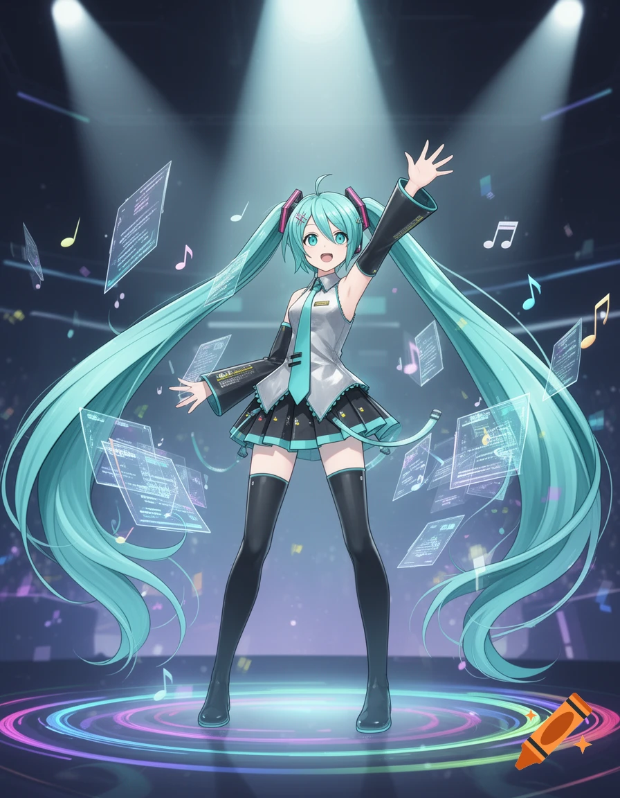 Hatsune Miku, an anime virtual idol, performs on stage with blue twin tails, surrounded by holographic screens and musical notes.