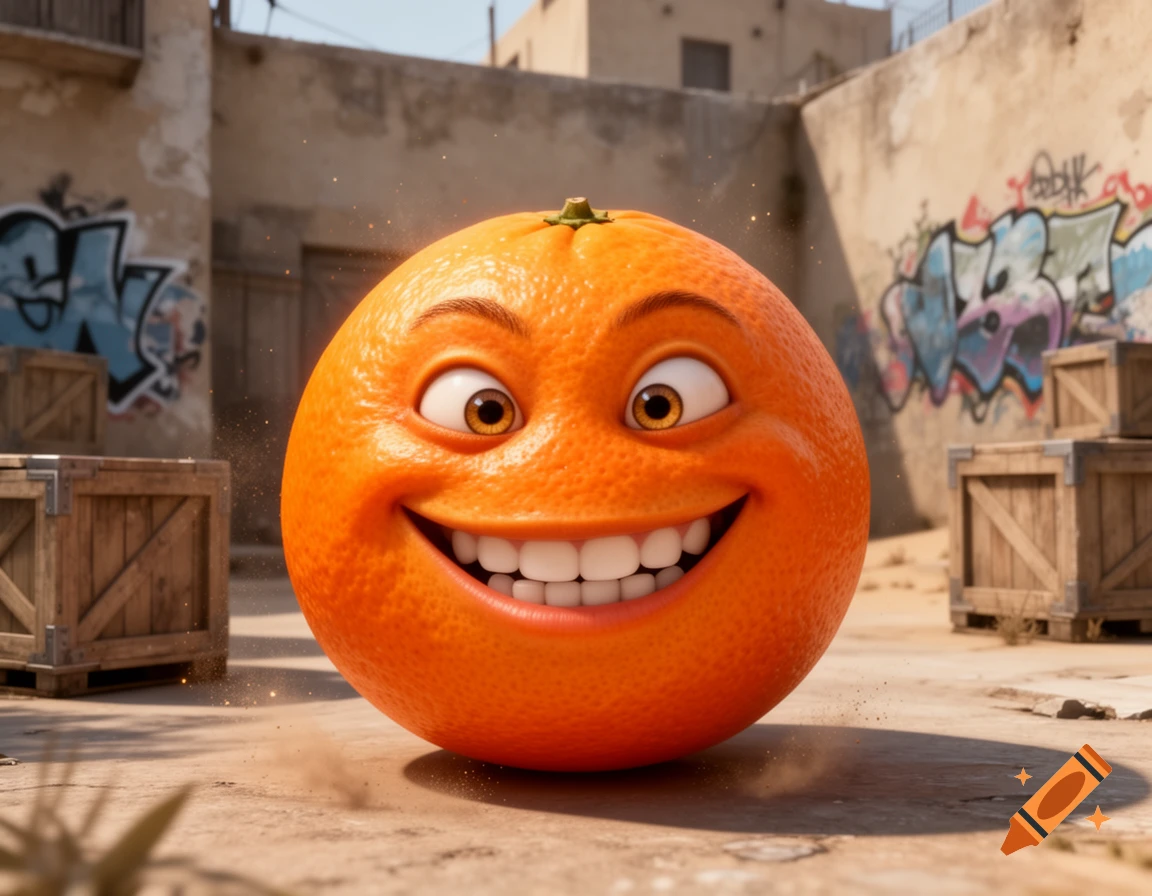 A grinning, hyperrealistic Annoying Orange cartoon character with big eyes in a dusty, graffiti-covered urban alley with wooden crates.