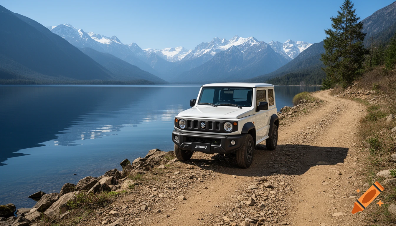 White Suzuki Jimny SUV on a dirt road by a lake with snow-capped mountains in the background under a blue sky.