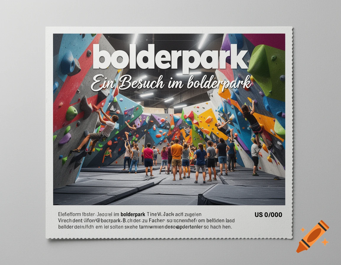 A promotional image for a bouldering park, featuring a large, colorful indoor climbing gym with many people bouldering and standing on crash pads. Large text reads "bolderpark Ein Besuch im bolderpark" with garbled text below.