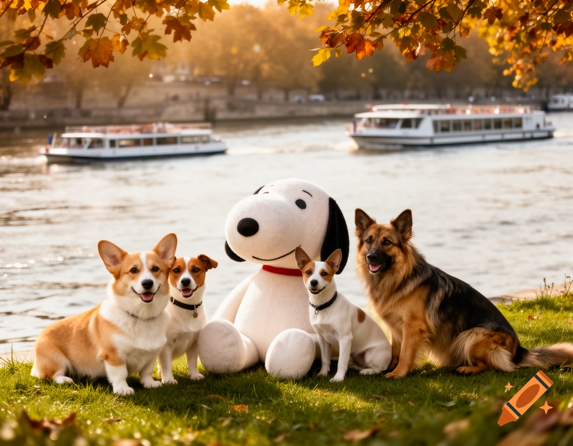 A Corgi, Jack Russell Terrier, German Shepherd mix, and Snoopy plushie sit on a grassy riverbank with boats on the water and autumn trees.