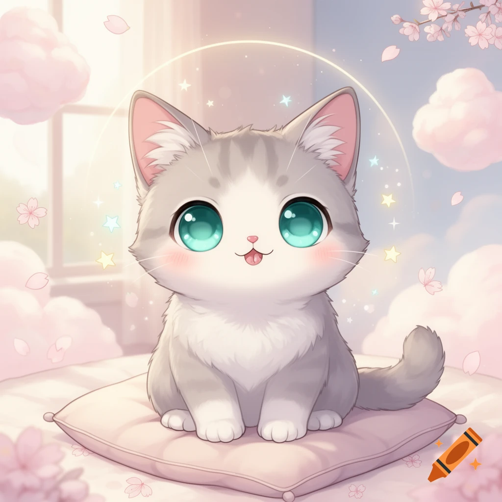 A fluffy gray and white kawaii cat with large blue-green eyes sits on a pink pillow with sparkling stars and cherry blossoms in a bright, dreamy setting.