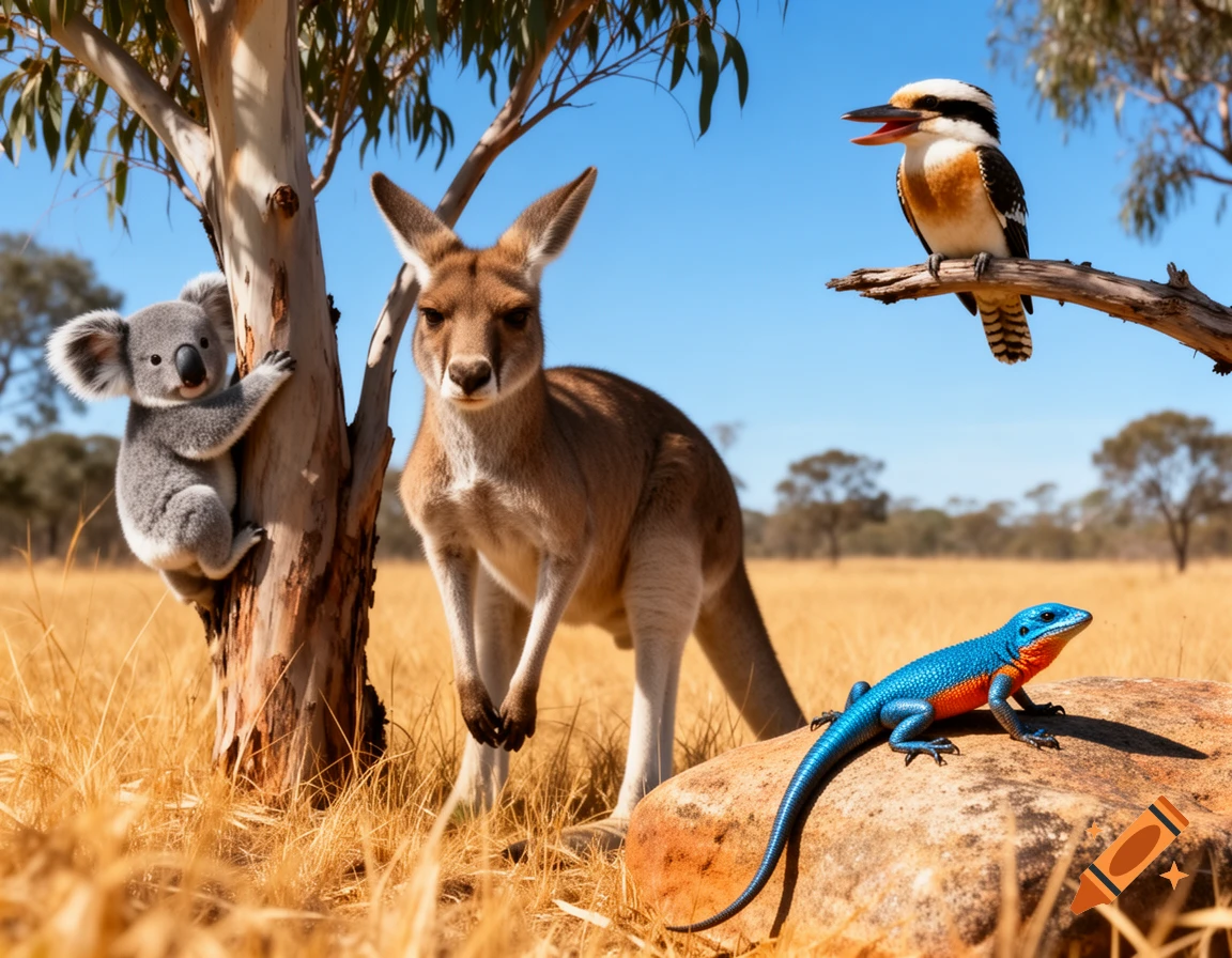 Photorealistic scene of a koala, kangaroo, kookaburra, and a blue lizard in a sunny, dry Australian landscape.