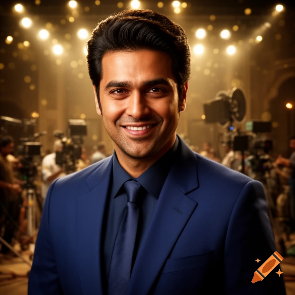 A photorealistic portrait of a smiling South Asian man in a blue suit on a film set with bright lights.