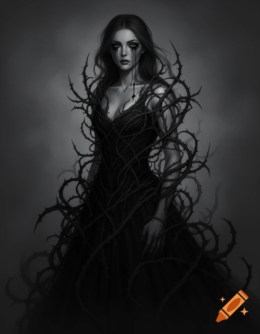 A dark artistic drawing of a woman with black tears and a dress made of thorns.