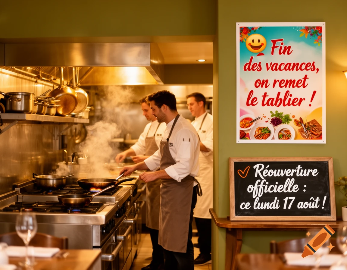 Chefs cook in a busy restaurant kitchen with steam, framed by a dining area and promotional signs for reopening.