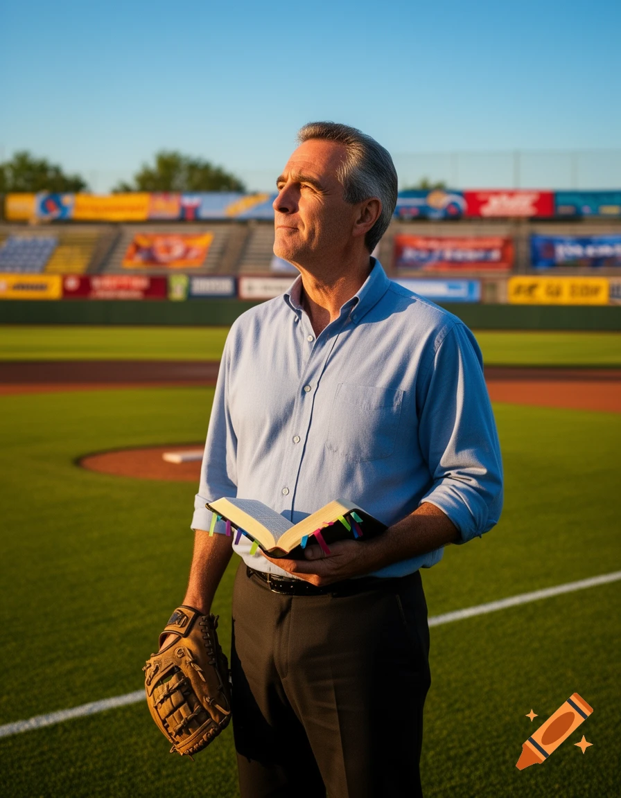 A man in a light blue shirt holds a Bible and a baseball glove while standing on a baseball field.