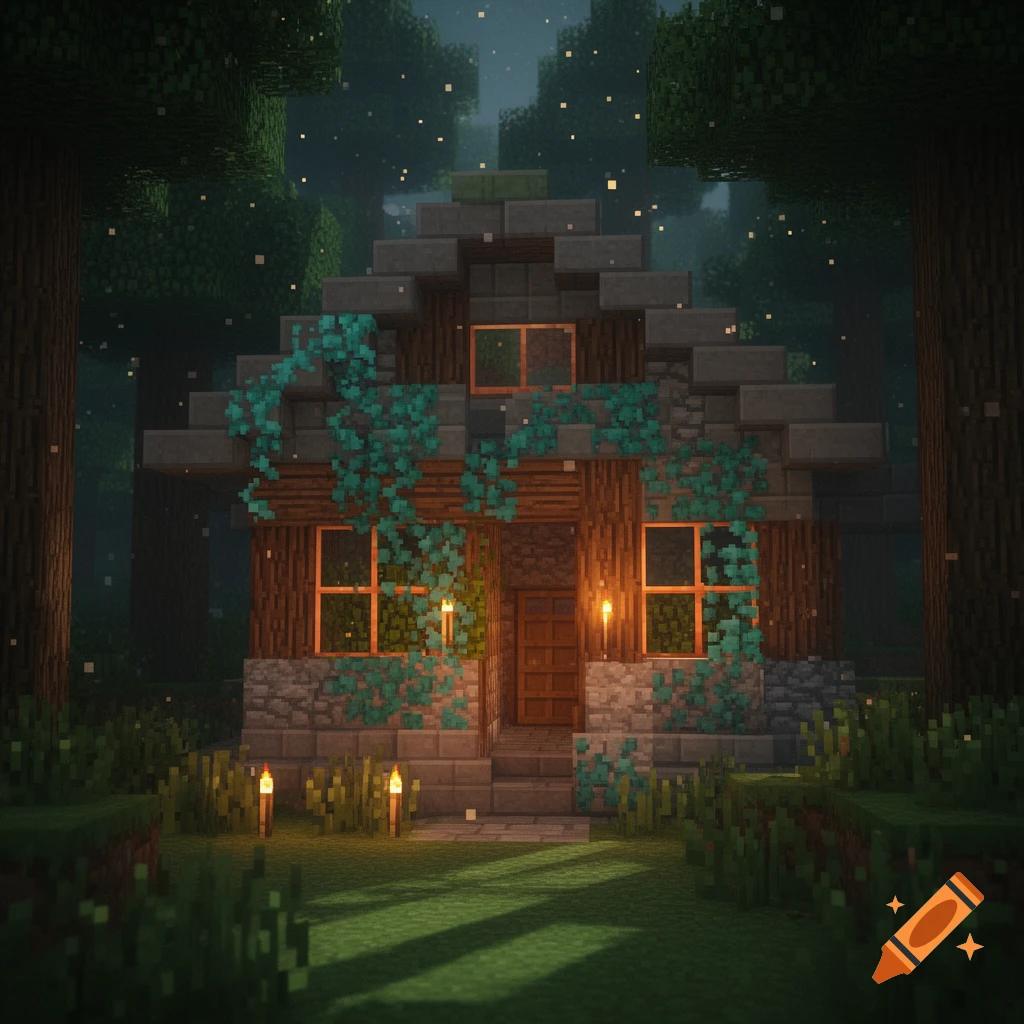 A cozy, blocky Minecraft house made of stone and wood with glowing windows and torches, covered in vines, in a dark forest at night.