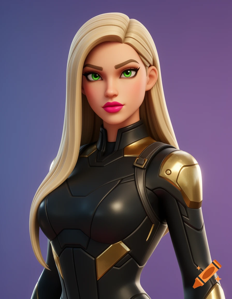 A 3D stylized woman with long blonde hair, green eyes, and pink lips wears a black and gold tactical suit against a purple background.