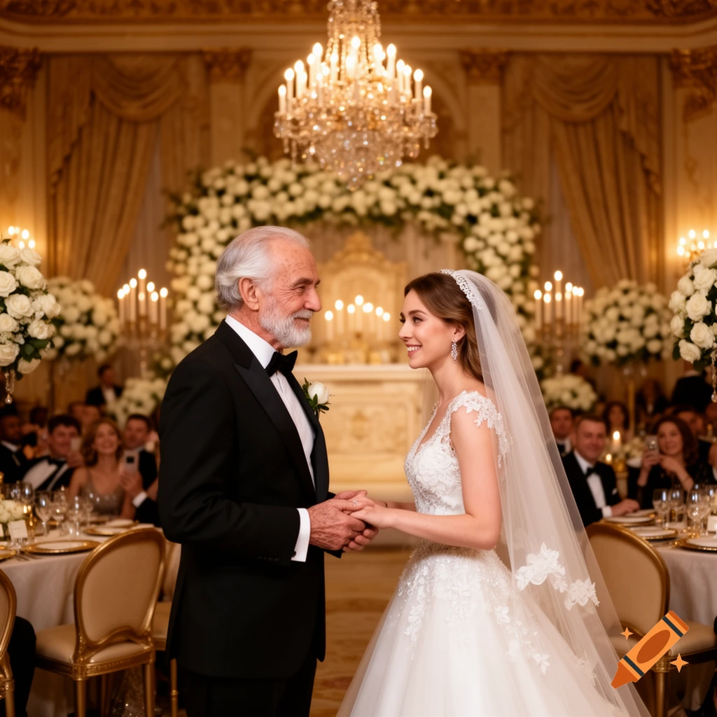 Photorealistic image of a man and woman holding hands during a wedding ceremony in a grand ballroom decorated with flowers and a chandelier.