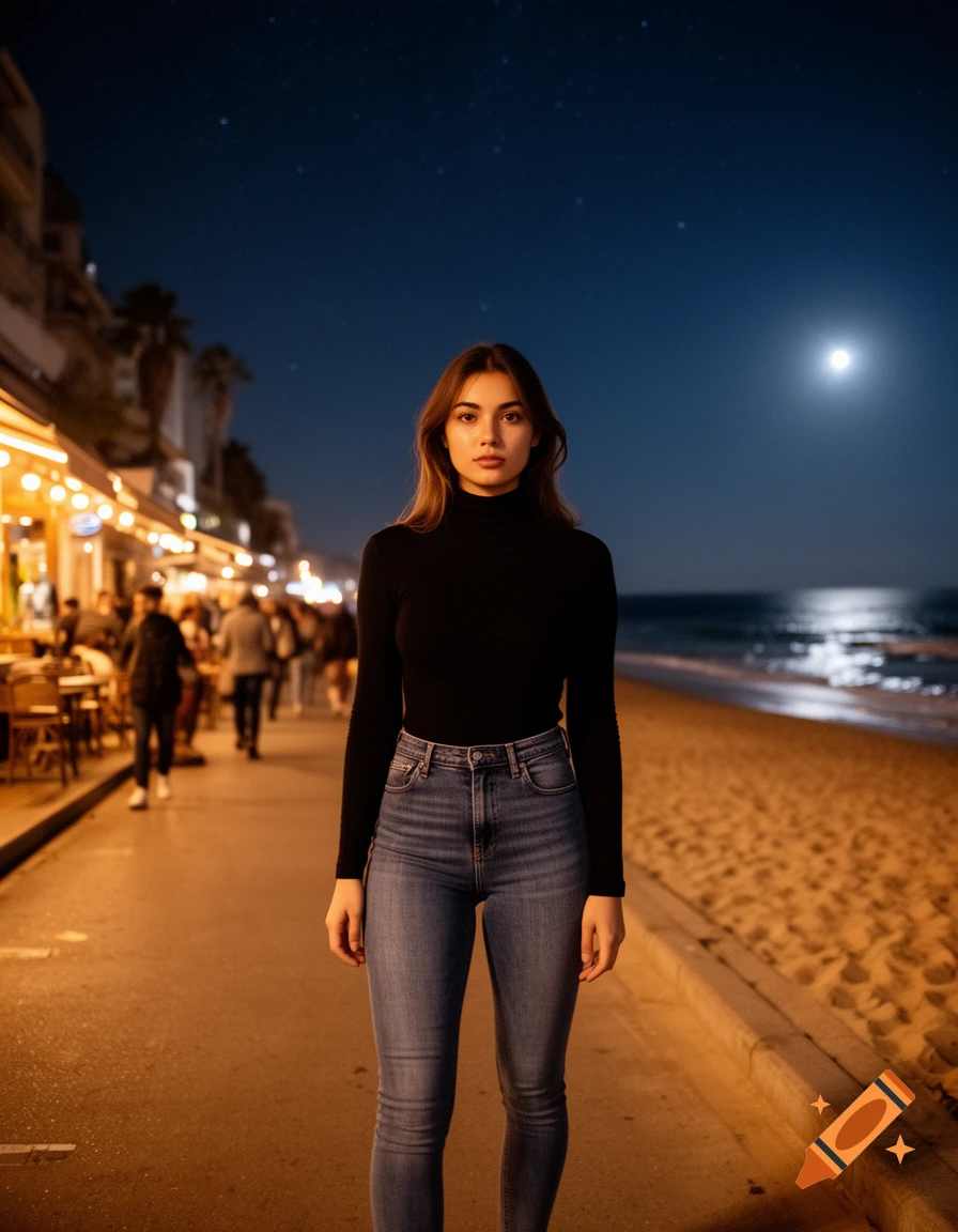 A young woman in a black turtleneck and blue jeans stands on a street next to a moonlit beach at night.