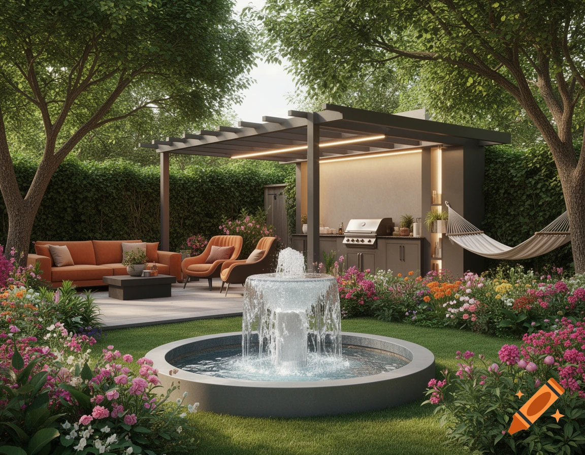 A lush, photorealistic garden with a water fountain, outdoor lounge furniture, a grill station, and a hammock among vibrant flowers and trees.